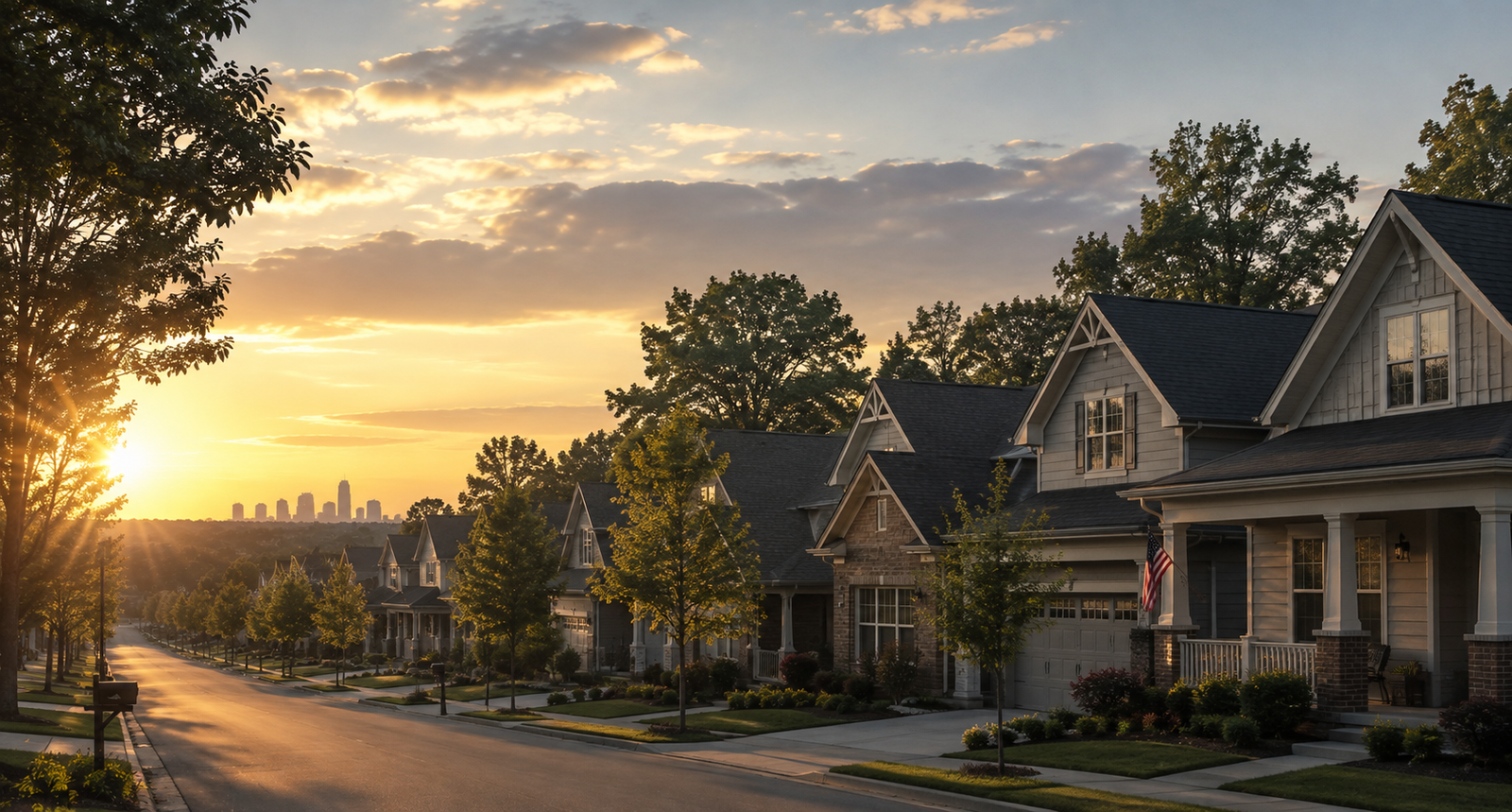 Suburban neighborhood street at golden hour with Atlanta skyline in the distance
